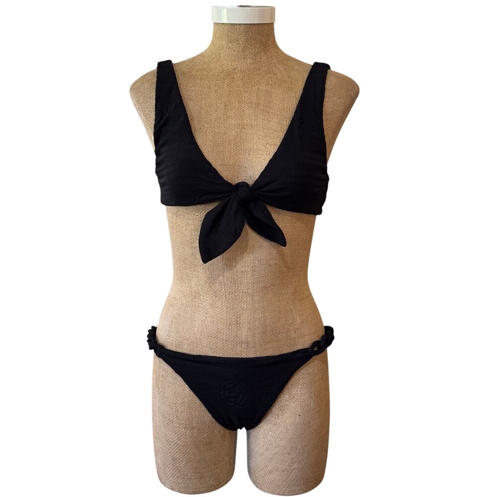 Chanel Two Piece Bikini Black Tie Front Size 40 US 6 Bathing Swim Suit Luxury CC